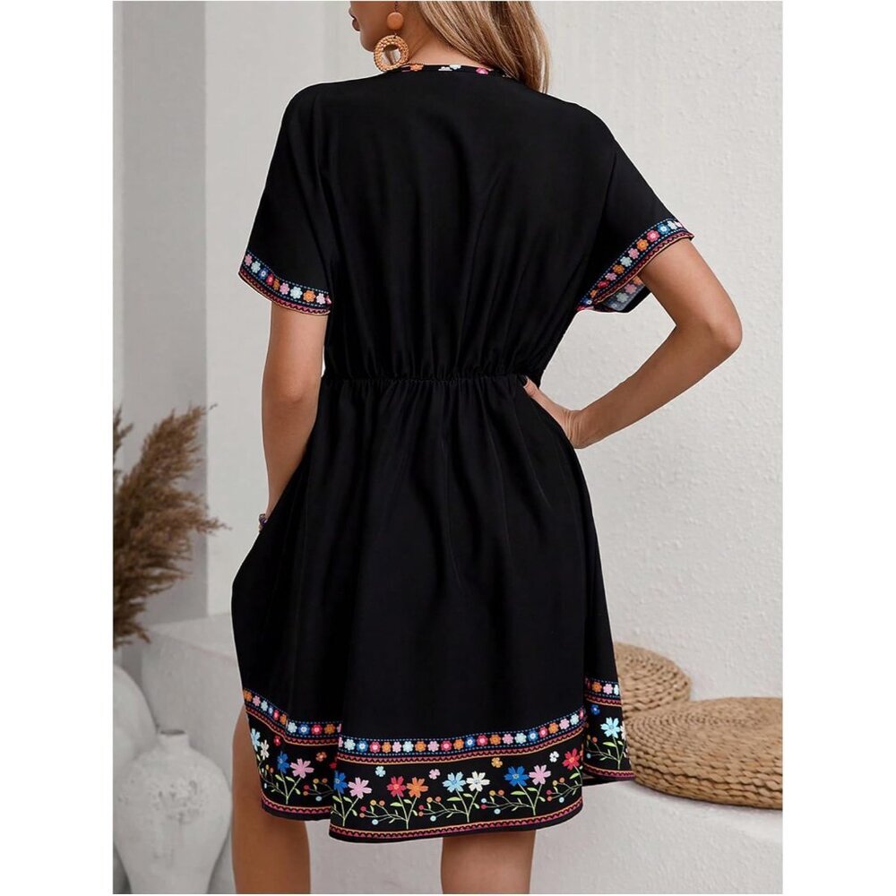 Women's Floral Print A Line Dress V Neck Short Sleeve Boho Vacation - Picture 2 of 5